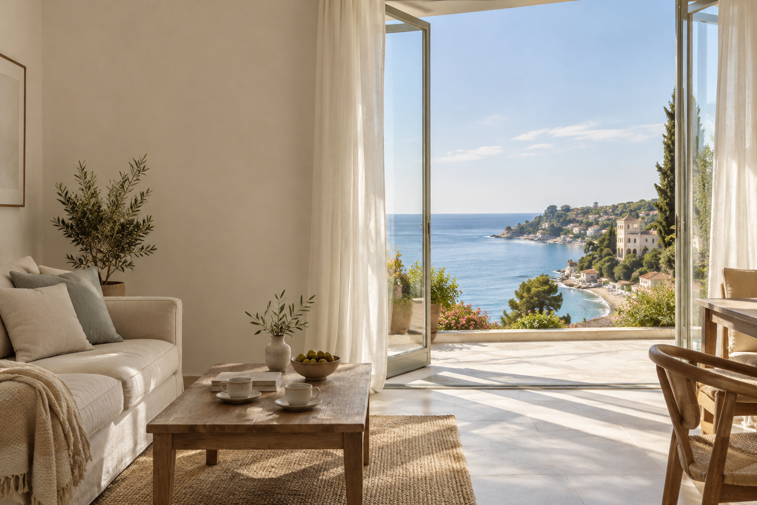 The bright living space of the Sea Room apartment in Balchik